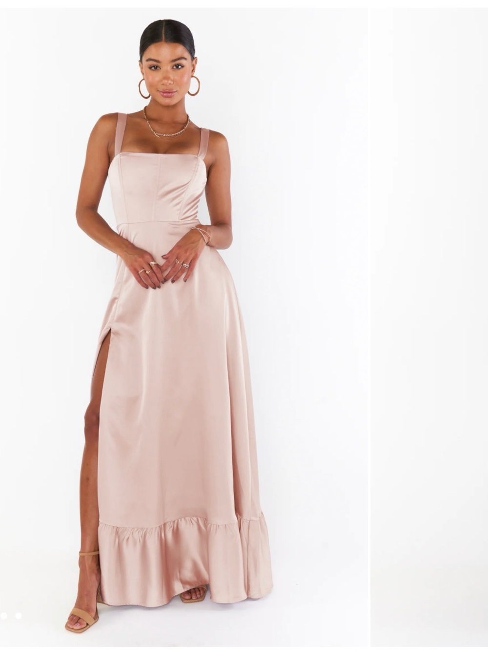 Show Me Your MuMu Blush Satin Square-Neck Maxi Dress with Ruffle Hem